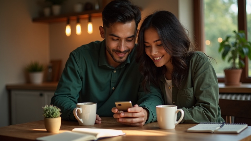 Pareja LATAM revisando juntos sus gastos mensuales en una app de finanzas
